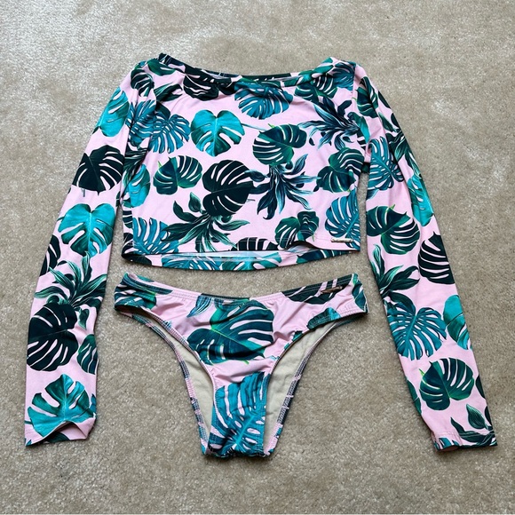 Mardu Other - Mardu Pink Palm Leaf Print Bikini With Cropped Rash Guard S/M
